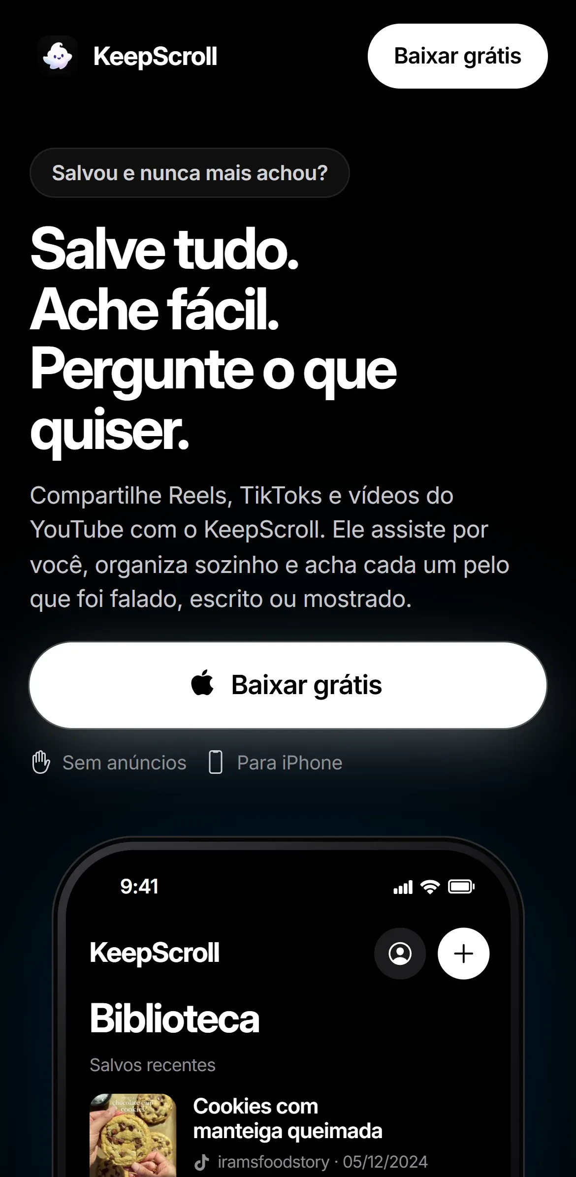 Site do KeepScroll no iPhone
